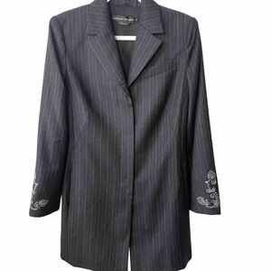Adrienne Vittadini Long Wool Cashmere Black Gray Pinstripe Blazer